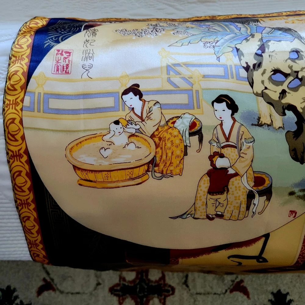 Large 38x39 Inch vintage Silk Scarf Wrap in Gold & Navy with Asian Motif